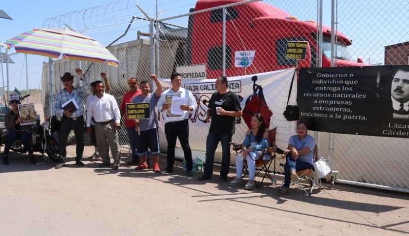 Integrantes de Baja California Resiste bloquean un acceso a la cervecera de Constellation Brands.